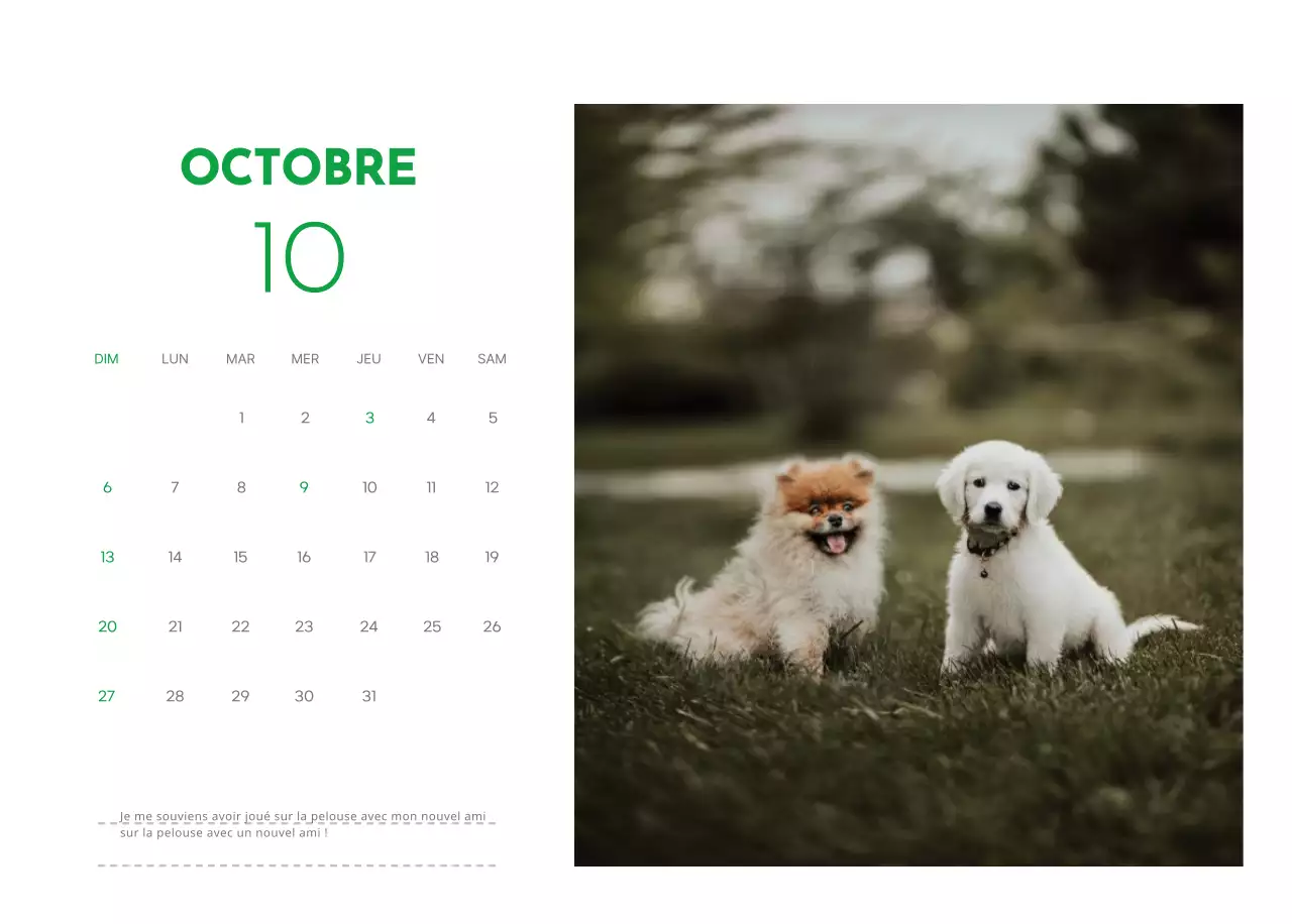 Un calendrier avec une photo de chiot et un message mignon dans une couleur verte.