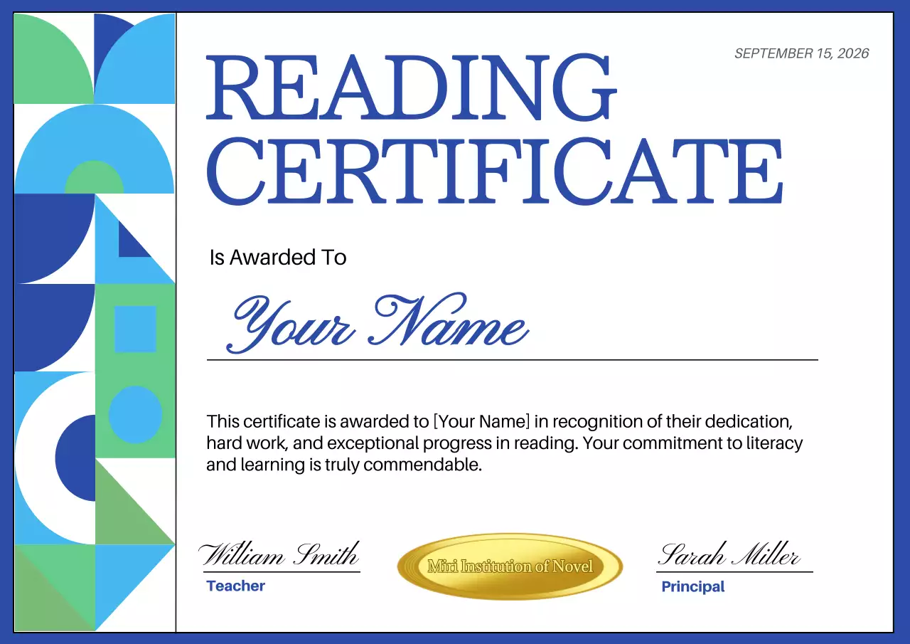 Blue Geometric Reading Certificate Poster