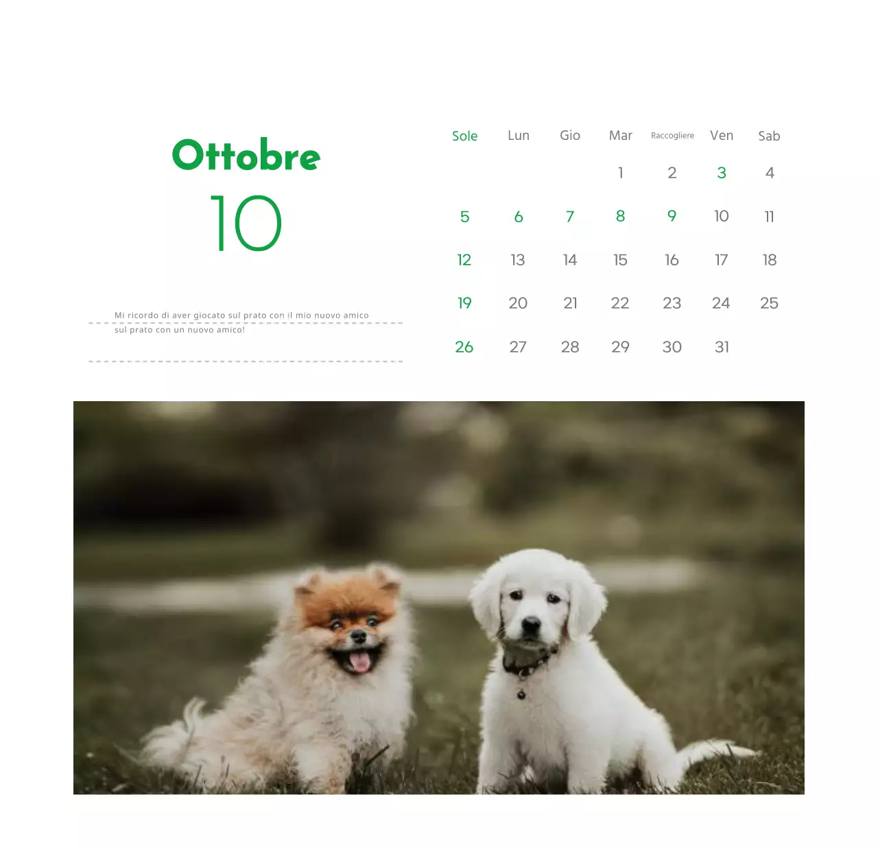 Un calendario con la foto di un cucciolo e un simpatico messaggio in colore verde.