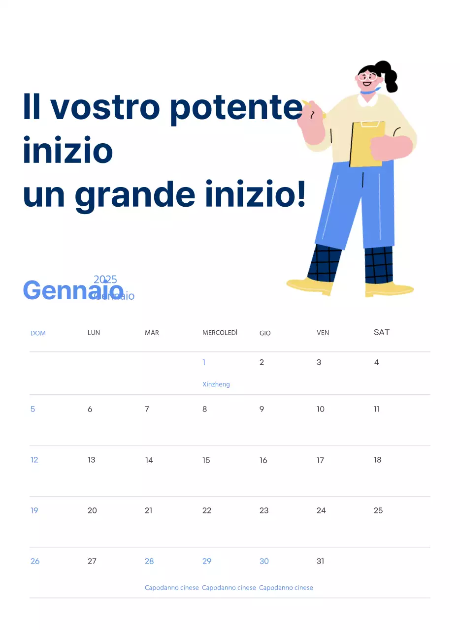 Calendario motivazionale con illustrazioni energetiche e citazioni positive su sfondo azzurro
