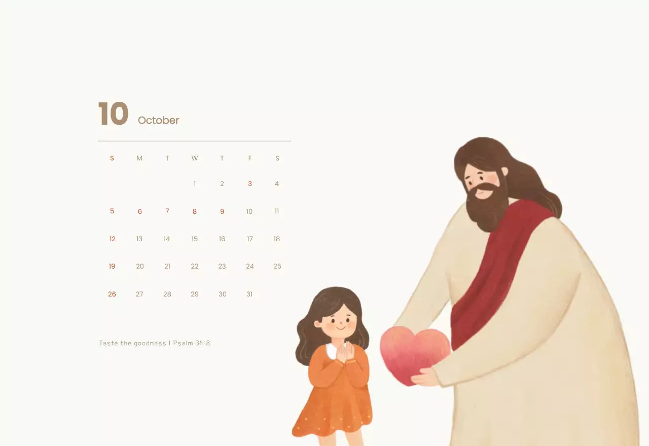 Word calendar with cozy illustrations and Bible verses on a light blue background