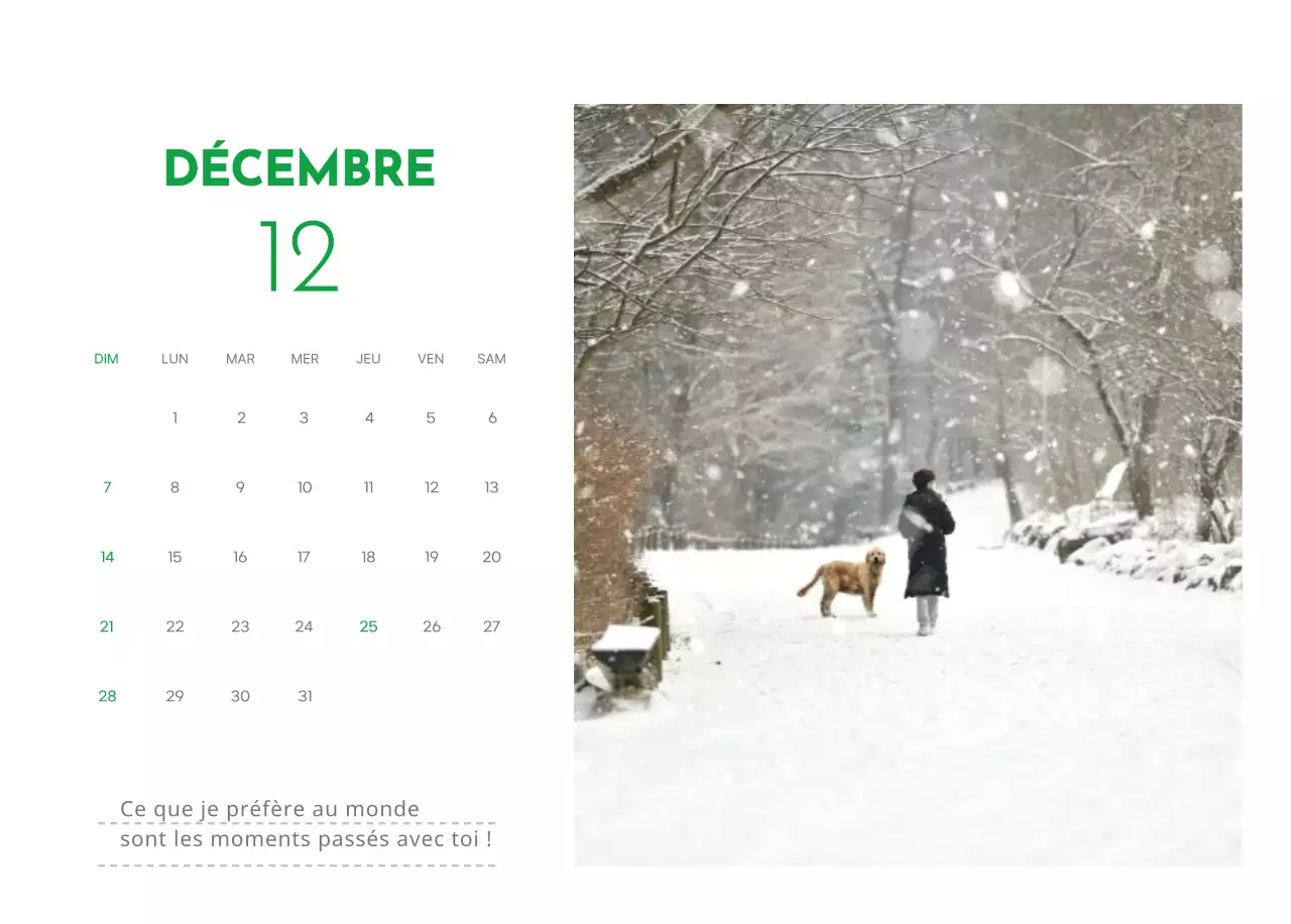 Un calendrier avec une photo de chiot et un message mignon dans une couleur verte.