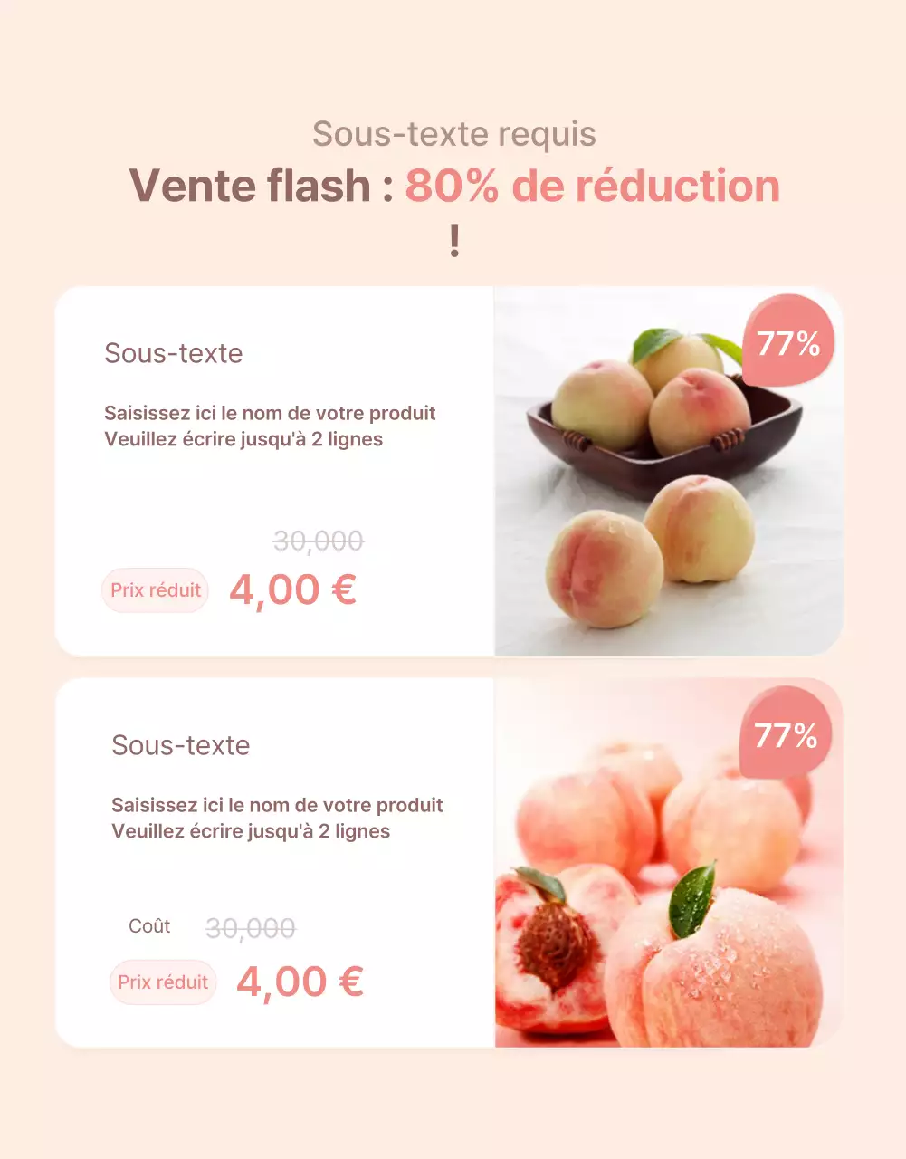 Promouvoir les options de pêche fraîche et les détails des produits dans une palette de couleurs jaune et rose.