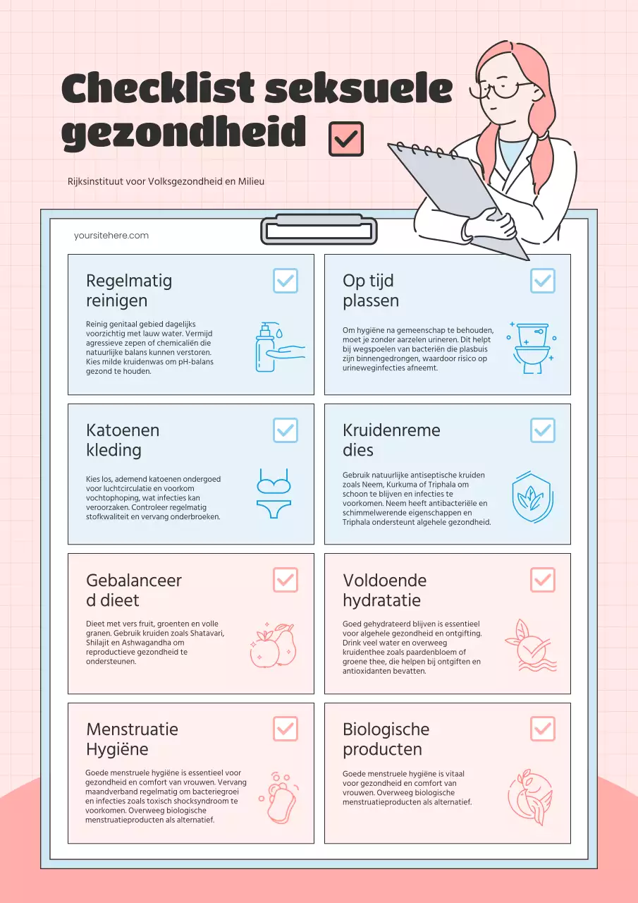 Een moderne checklist seksuele gezondheid in roze en lichtblauw Beschrijving