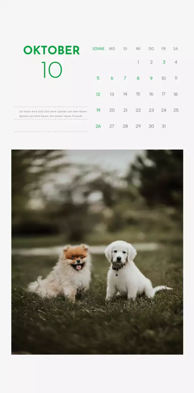 Ein Kalender mit einem Welpenfoto und einer süßen Botschaft in grüner Akzentfarbe