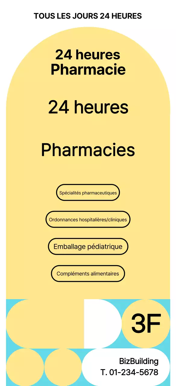 Guide de pharmacie soigné, jaune et accessible 24 heures sur 24