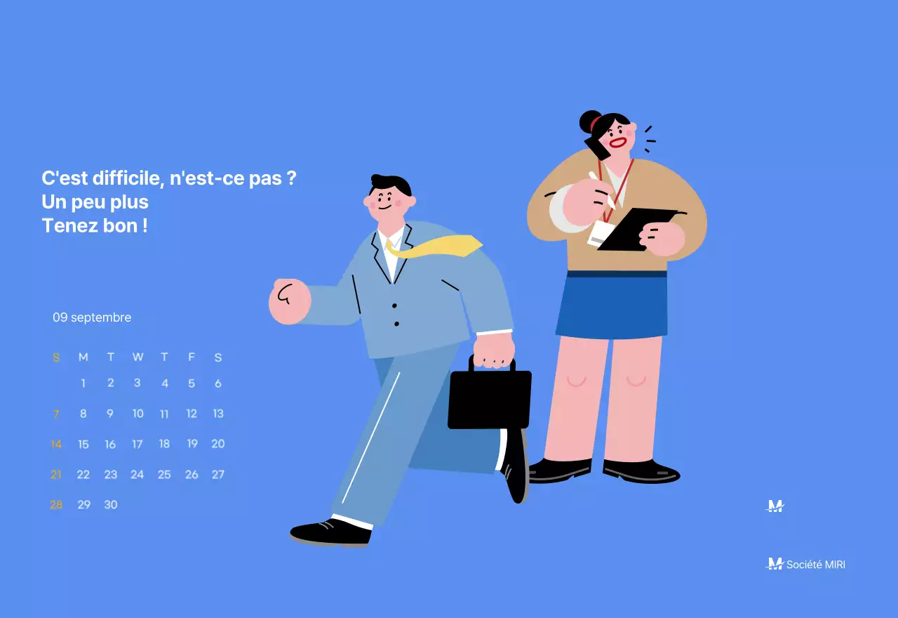 Calendrier de motivation avec des illustrations énergiques et des citations positives sur un fond bleu clair