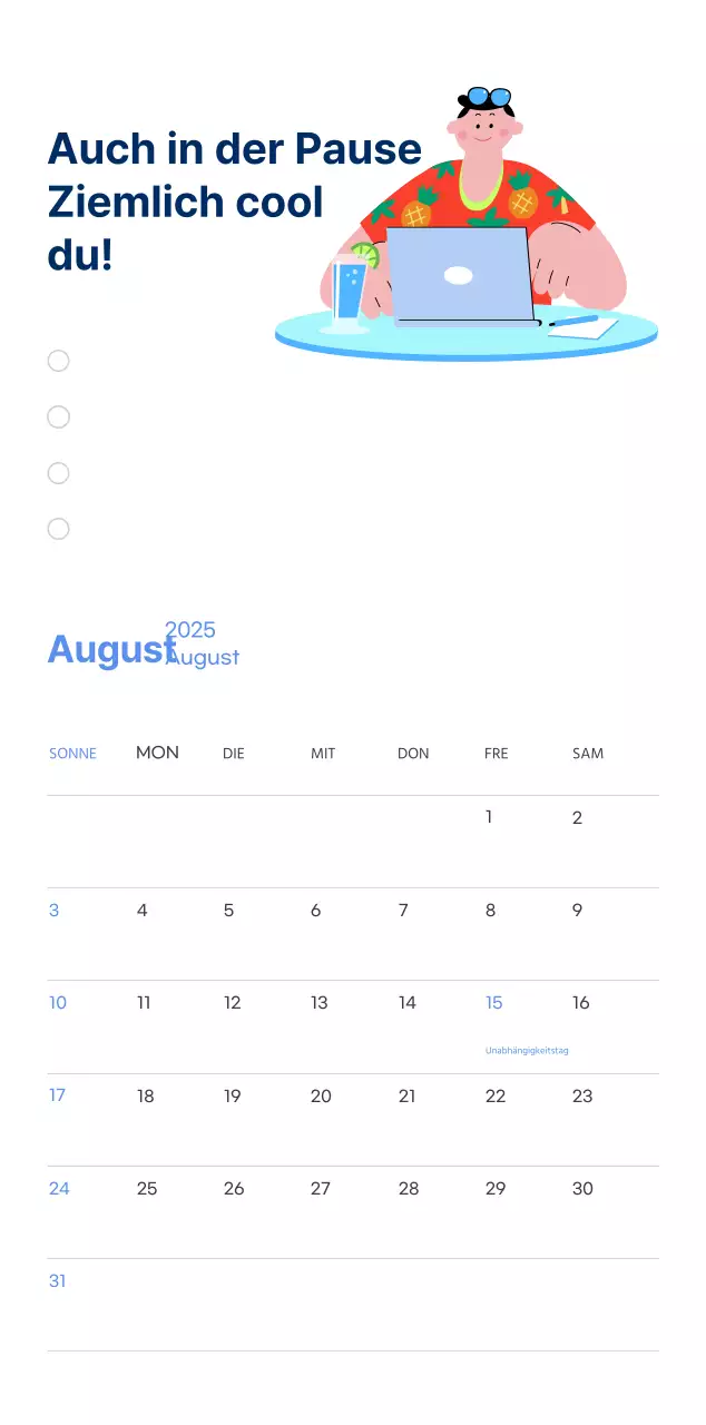 Motivationskalender mit energiegeladenen Illustrationen und positiven Zitaten auf hellblauem Hintergrund