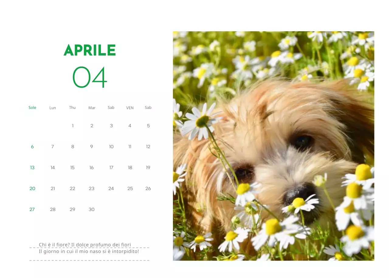 Un calendario con la foto di un cucciolo e un simpatico messaggio in colore verde.