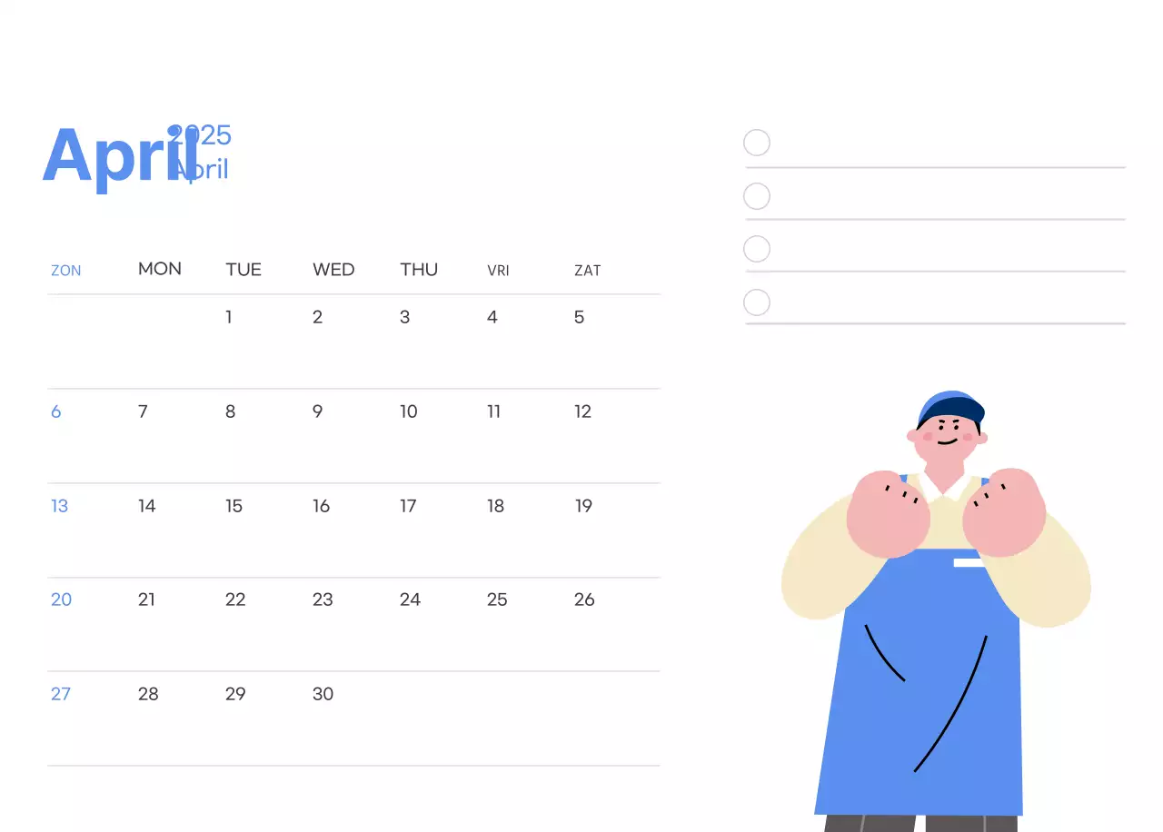 Motiverende kalender met energieke illustraties en positieve citaten op een lichtblauwe achtergrond