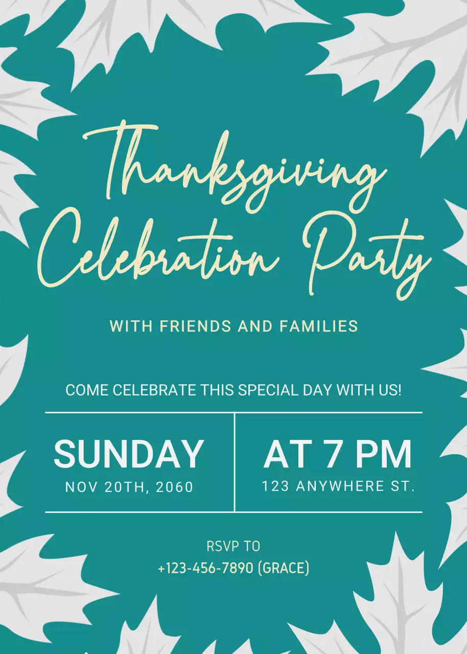 Convite de celebração de ação de graças moderno em azul-petróleo