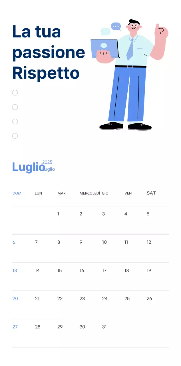 Calendario motivazionale con illustrazioni energetiche e citazioni positive su sfondo azzurro