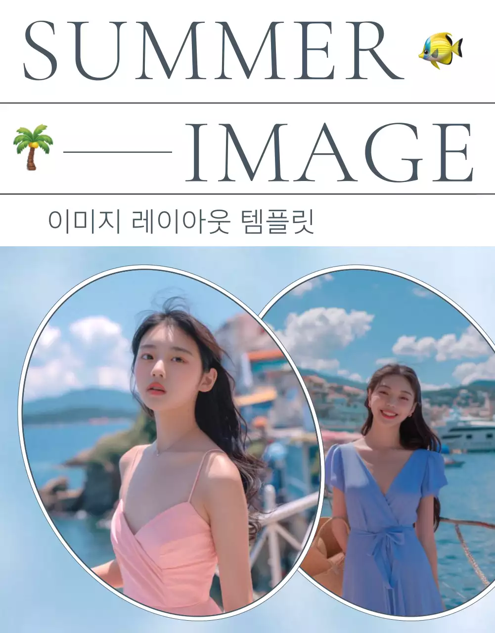 파랑과 하늘색의 트렌드 여름 휴가 이모지 컨셉의 패션 홍보