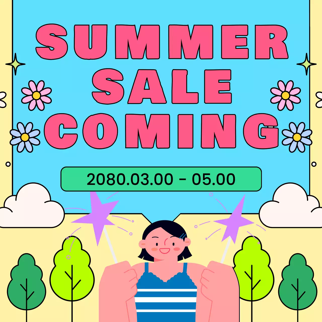 A kitschy collection of summer events in light blue and pink