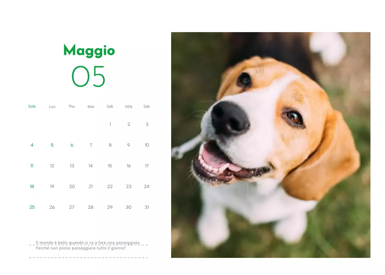 Un calendario con la foto di un cucciolo e un simpatico messaggio in colore verde.