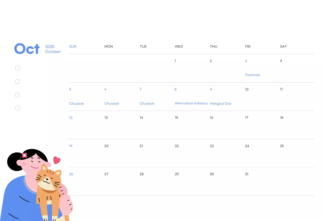 Motivational calendar with energetic illustrations and positive phrases on a light blue background