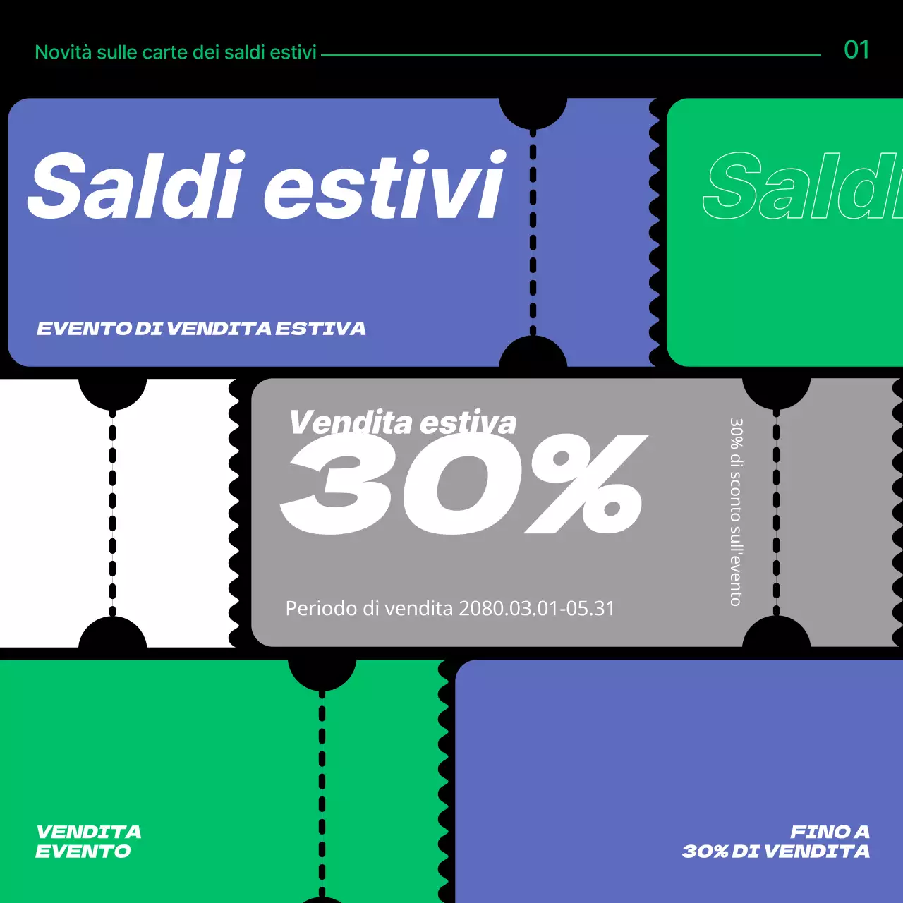 Una collezione di saldi estivi con accenti viola e verdi