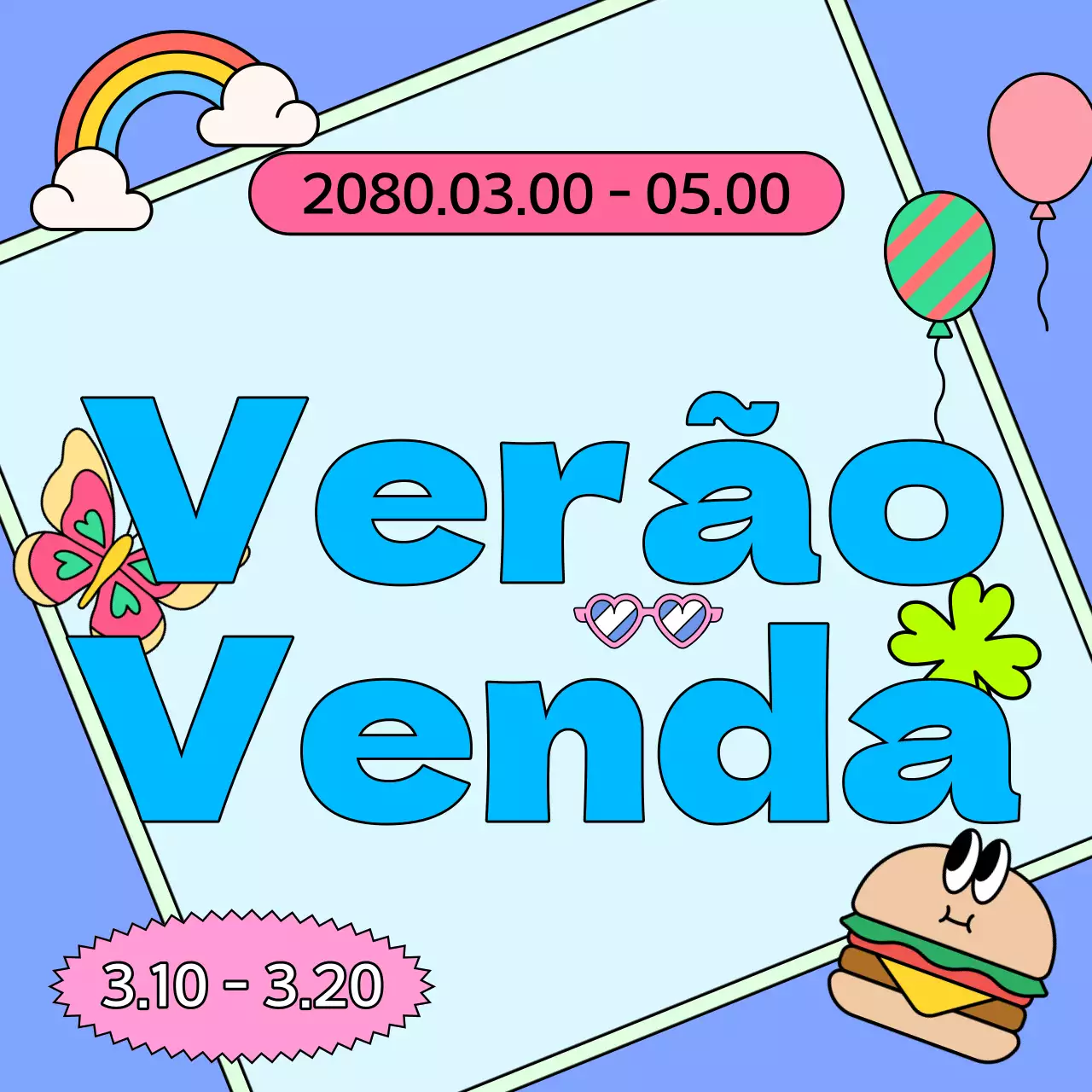 Um resumo dos eventos de verão kitsch em azul claro e cor-de-rosa