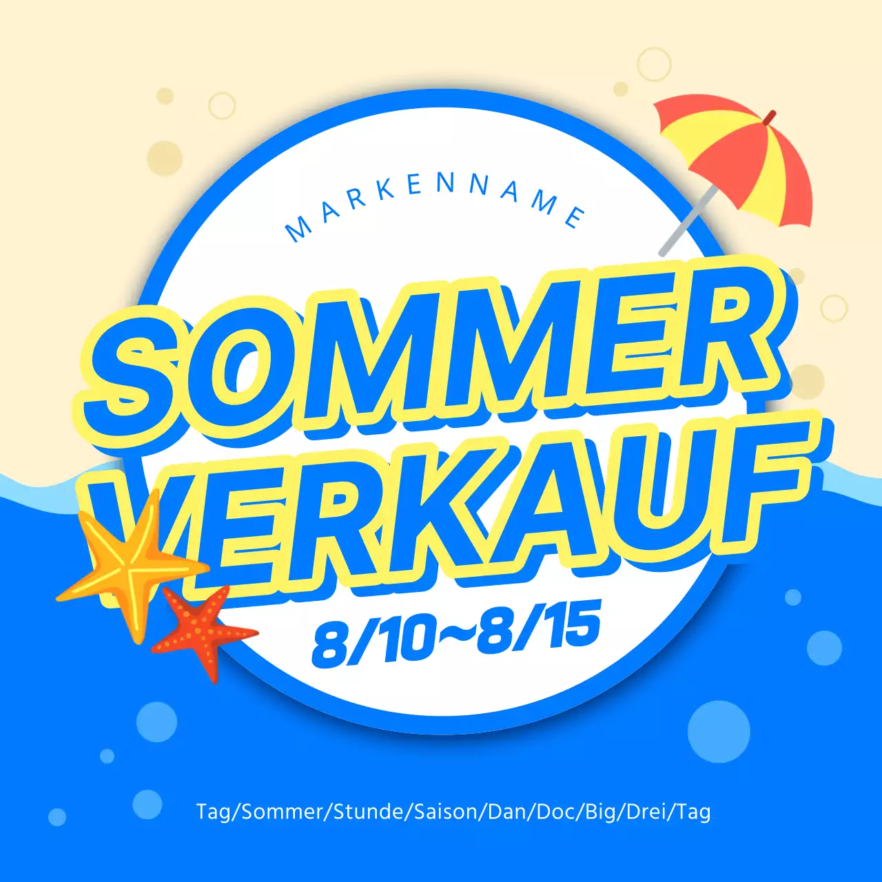 Haupttitel der Sommerveranstaltung mit blauen und gelben Akzenten