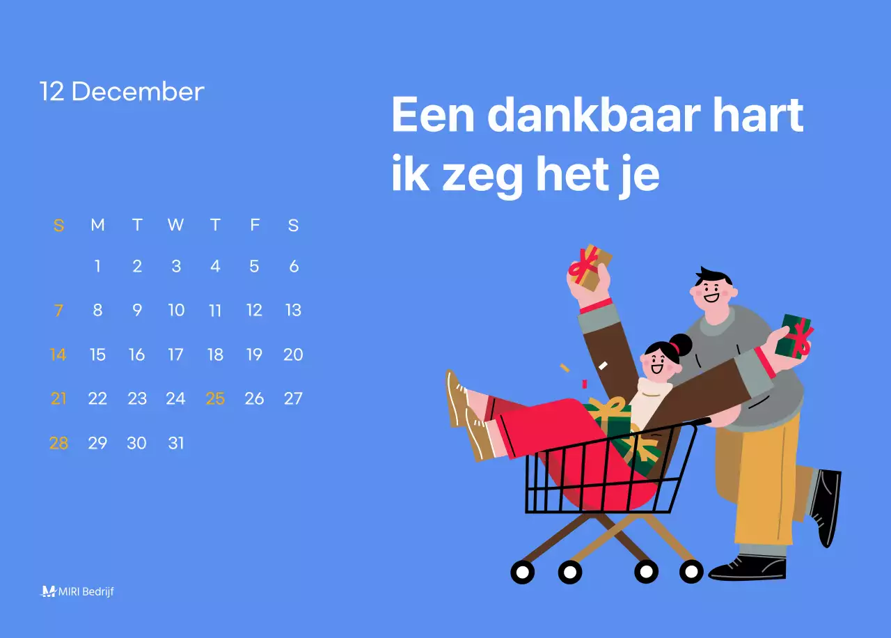 Motiverende kalender met energieke illustraties en positieve citaten op een lichtblauwe achtergrond