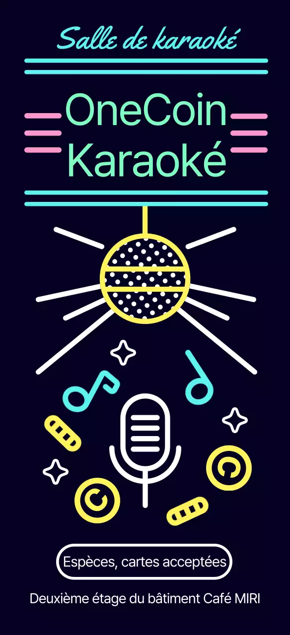 Guide karaoké noir, kitsch, avec enseigne en néon, fonctionnant avec des pièces de monnaie