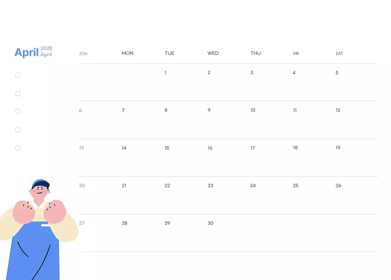 Motiverende kalender met energieke illustraties en positieve citaten op een lichtblauwe achtergrond