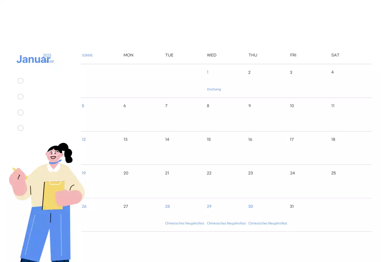 Motivationskalender mit energiegeladenen Illustrationen und positiven Zitaten auf hellblauem Hintergrund