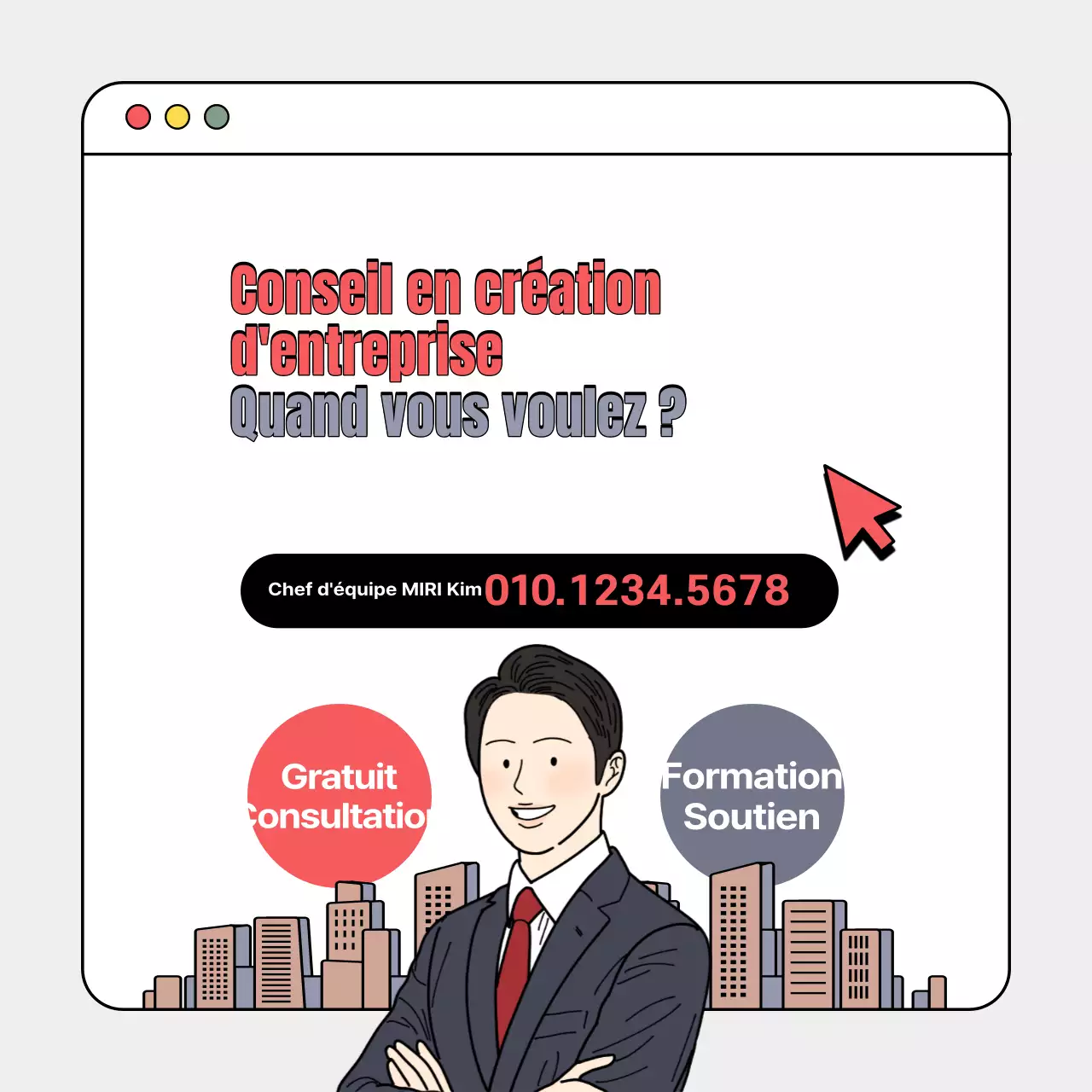 Faites la promotion de votre service de conseil à la création d'entreprise avec une interface utilisateur rouge et grise.