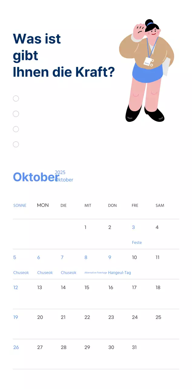 Motivationskalender mit energiegeladenen Illustrationen und positiven Zitaten auf hellblauem Hintergrund