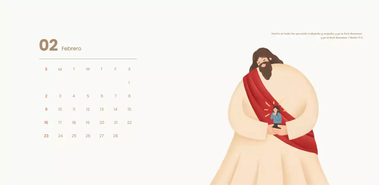Un calendario devocional con acogedoras ilustraciones y versículos bíblicos sobre fondo azul claro