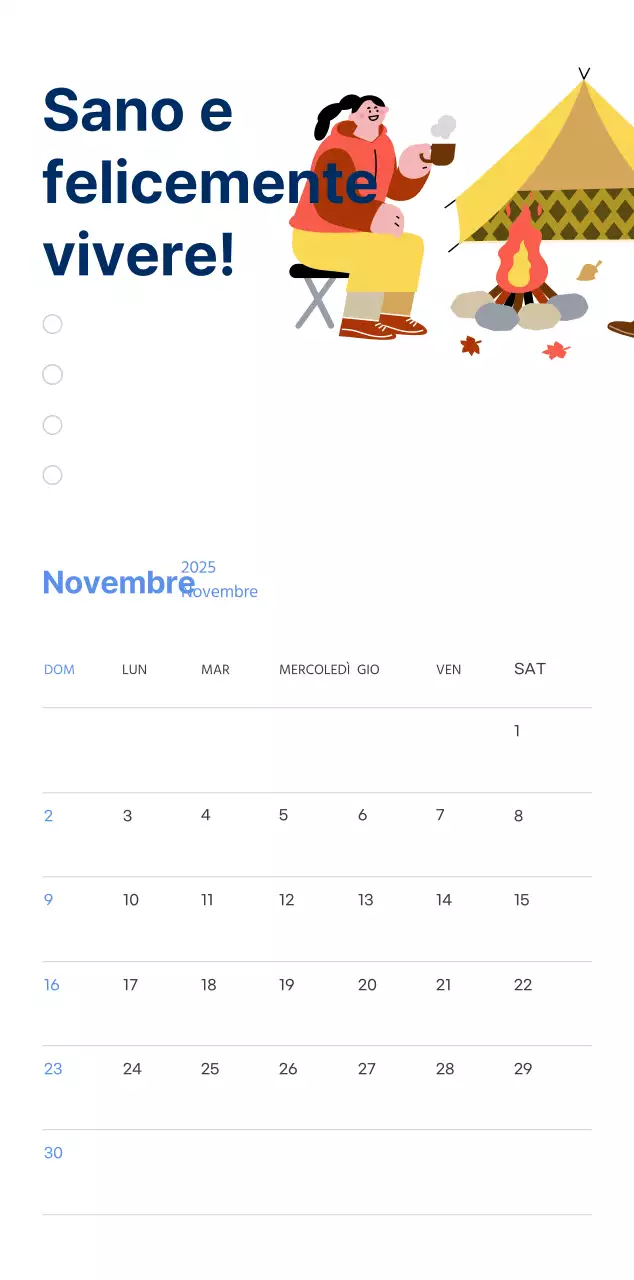 Calendario motivazionale con illustrazioni energetiche e citazioni positive su sfondo azzurro