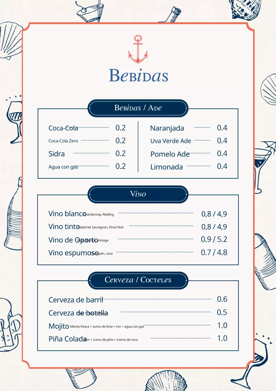 Colección de tableros de menú de marisco vintage en azul claro y azul marino.