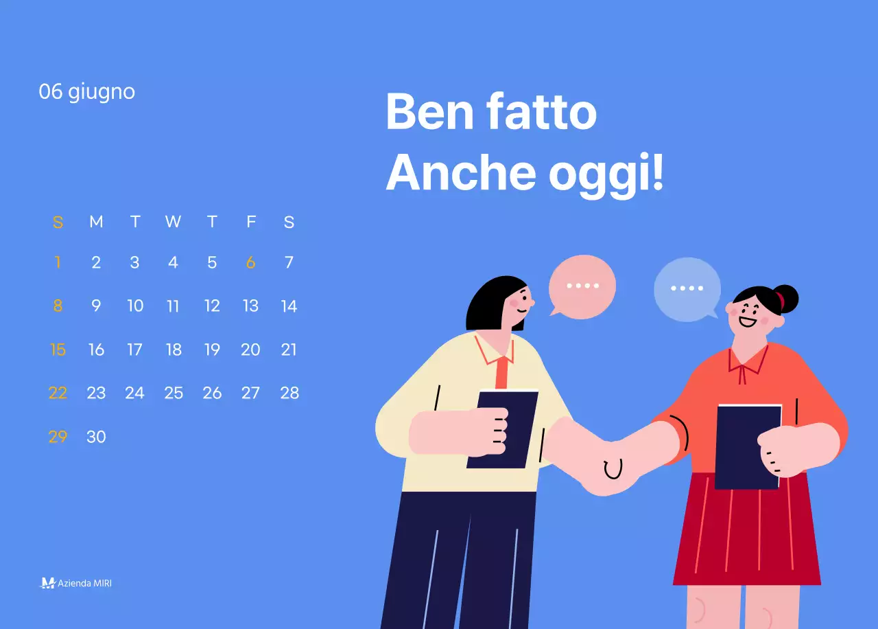 Calendario motivazionale con illustrazioni energetiche e citazioni positive su sfondo azzurro