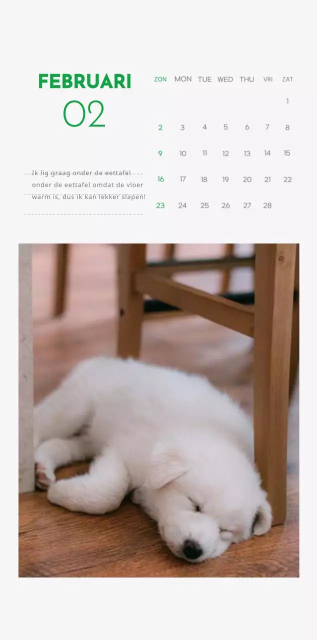 Een kalender met een puppyfoto en een schattige boodschap in groene accentkleur