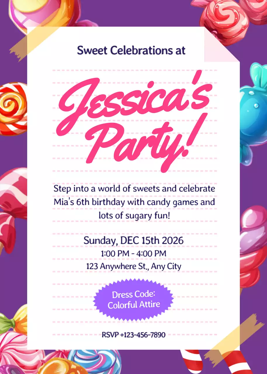 Thiệp mời tiệc sinh nhật màu tím dễ thương