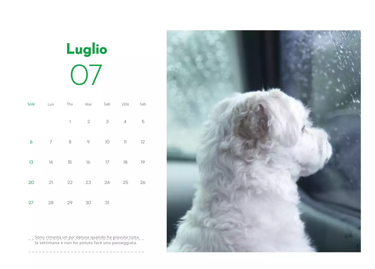 Un calendario con la foto di un cucciolo e un simpatico messaggio in colore verde.
