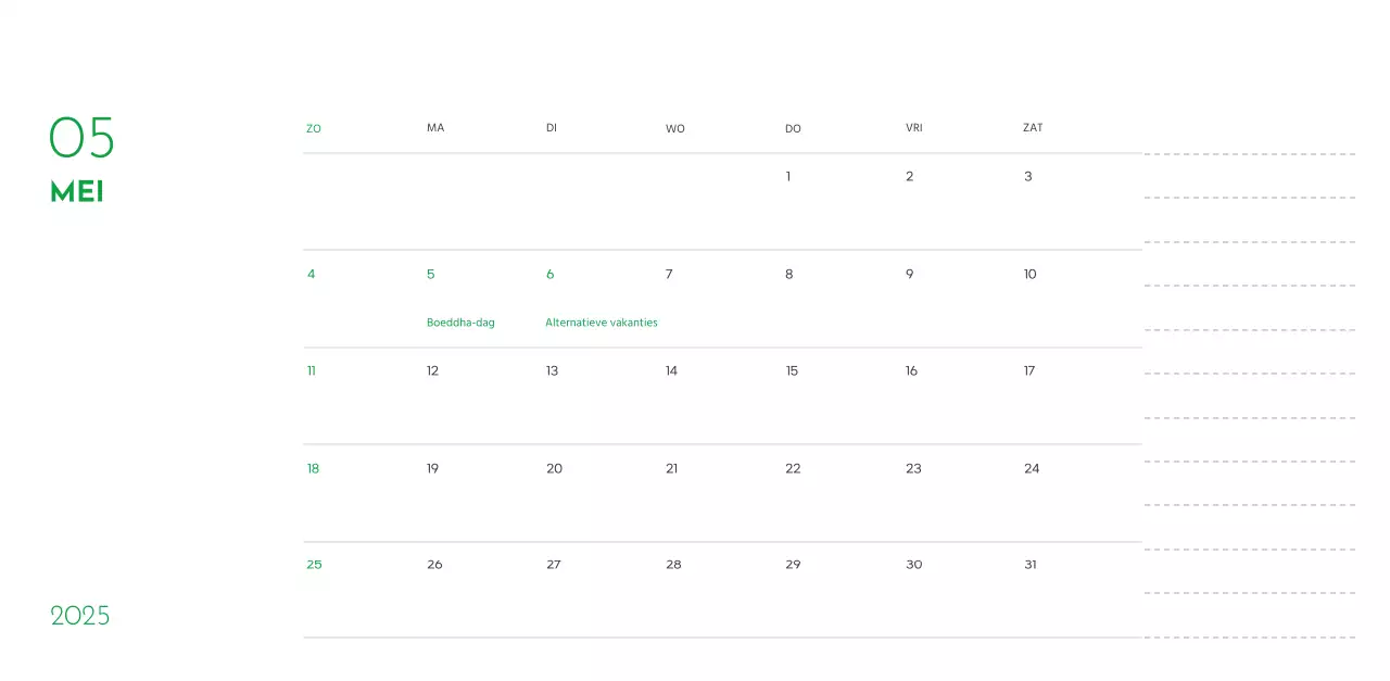 Een kalender met een puppyfoto en een schattige boodschap in groene accentkleur