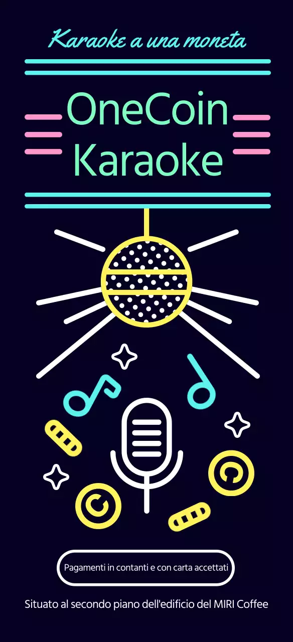 Guida al karaoke a gettoni, nera e kitsch, con insegna al neon