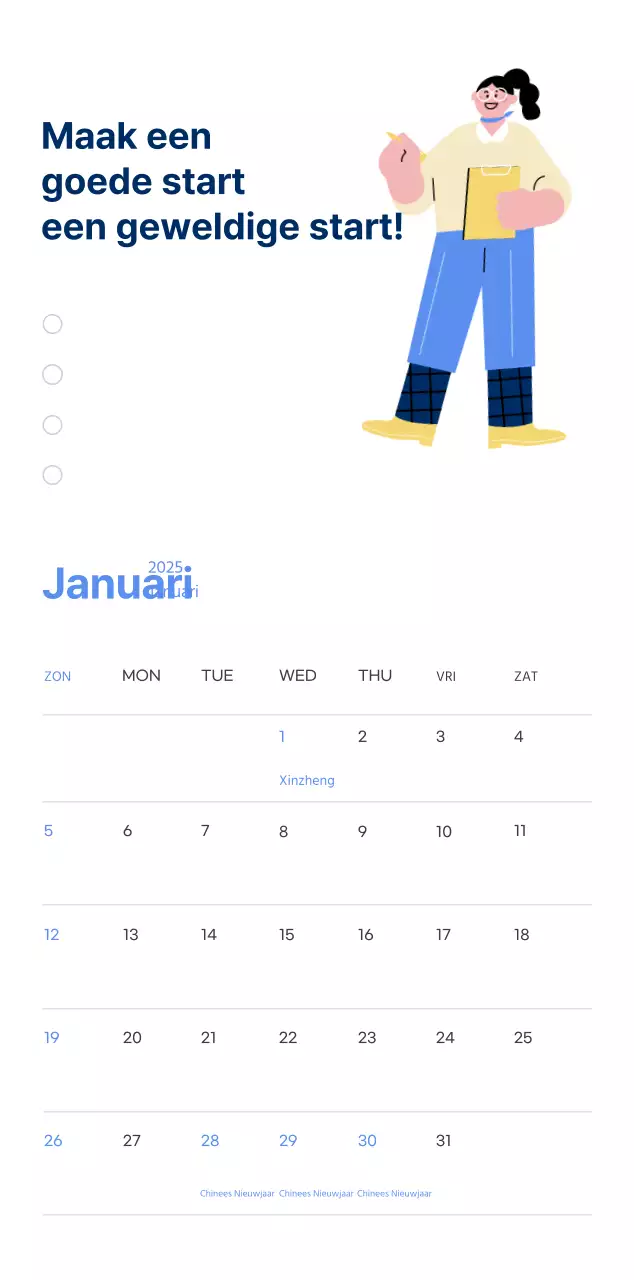 Motiverende kalender met energieke illustraties en positieve citaten op een lichtblauwe achtergrond