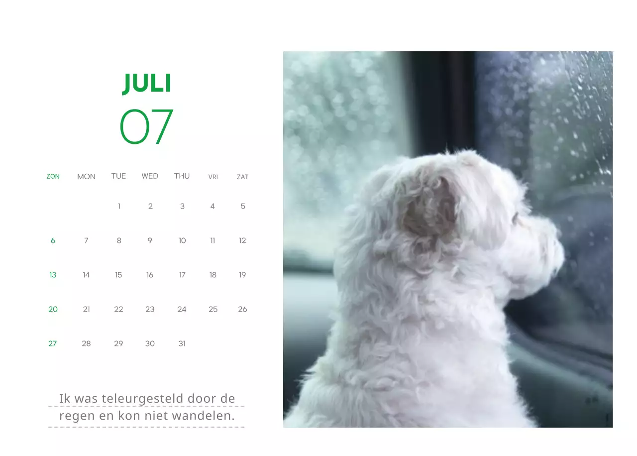 Een kalender met een puppyfoto en een schattige boodschap in groene accentkleur
