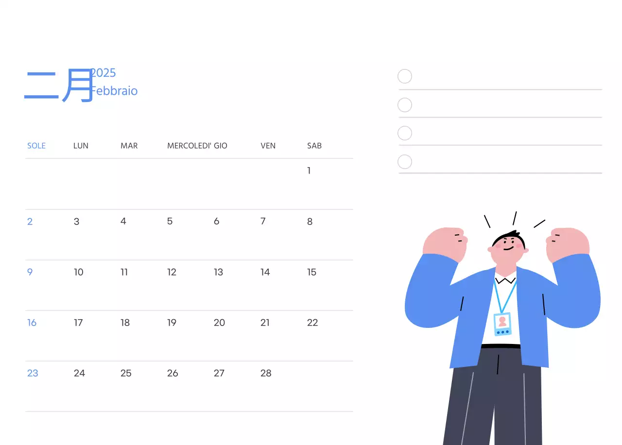 Calendario motivazionale con illustrazioni energetiche e citazioni positive su sfondo azzurro
