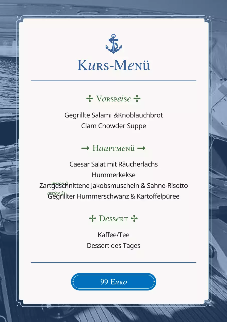 Eine Sammlung alter Menütafeln für Meeresfrüchte in Hellblau und Marineblau.