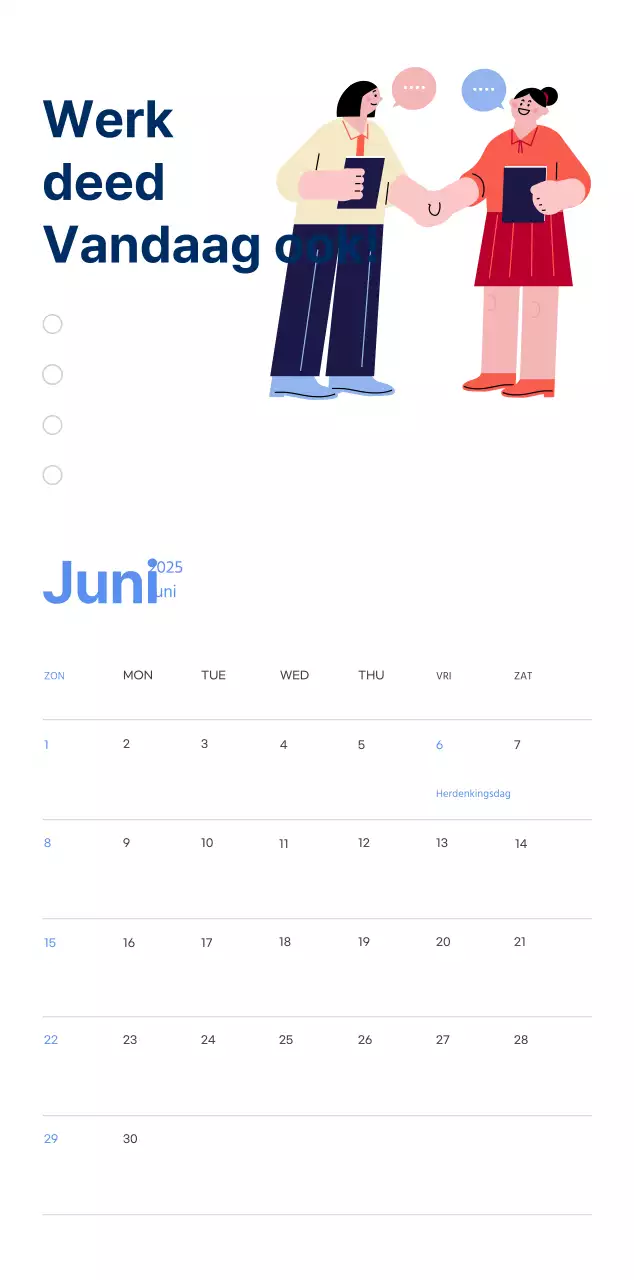 Motiverende kalender met energieke illustraties en positieve citaten op een lichtblauwe achtergrond