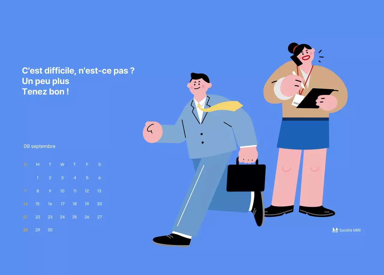 Calendrier de motivation avec des illustrations énergiques et des citations positives sur un fond bleu clair