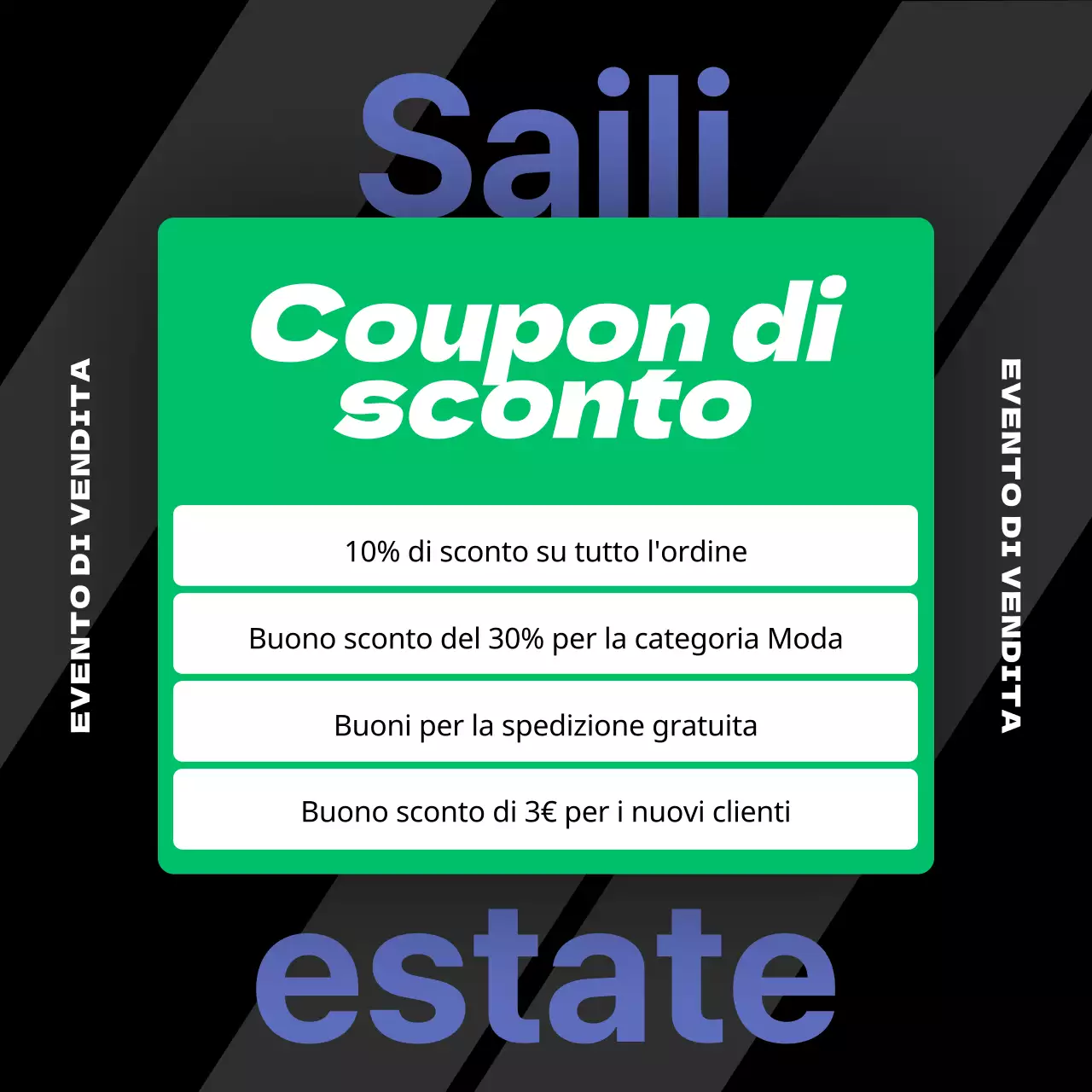 Una collezione di saldi estivi con accenti viola e verdi