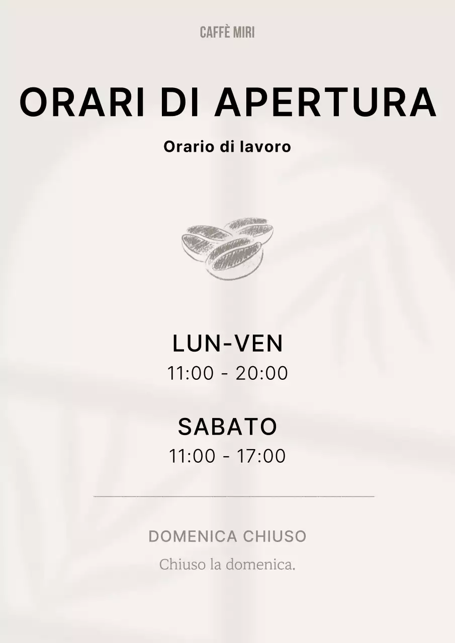 Caffè semplice in beige e nero con informazioni sull'orario di chiusura