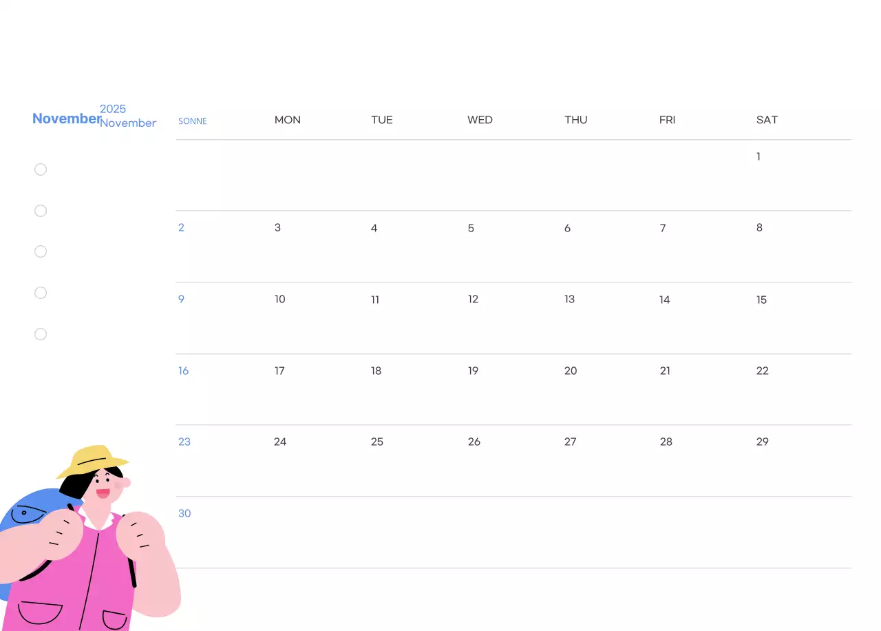 Motivationskalender mit energiegeladenen Illustrationen und positiven Zitaten auf hellblauem Hintergrund