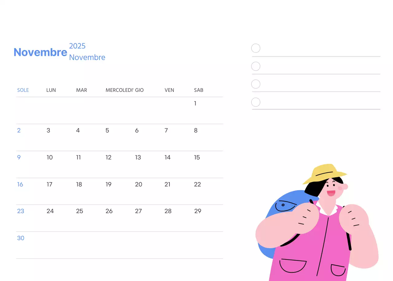 Calendario motivazionale con illustrazioni energetiche e citazioni positive su sfondo azzurro