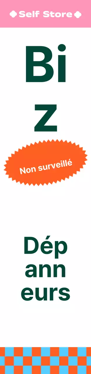 Enseigne carrée de magasin de proximité, grand format, aux couleurs vives et aux motifs variés