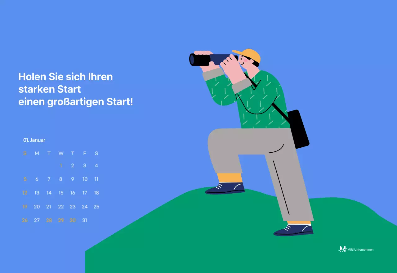 Motivationskalender mit energiegeladenen Illustrationen und positiven Zitaten auf hellblauem Hintergrund